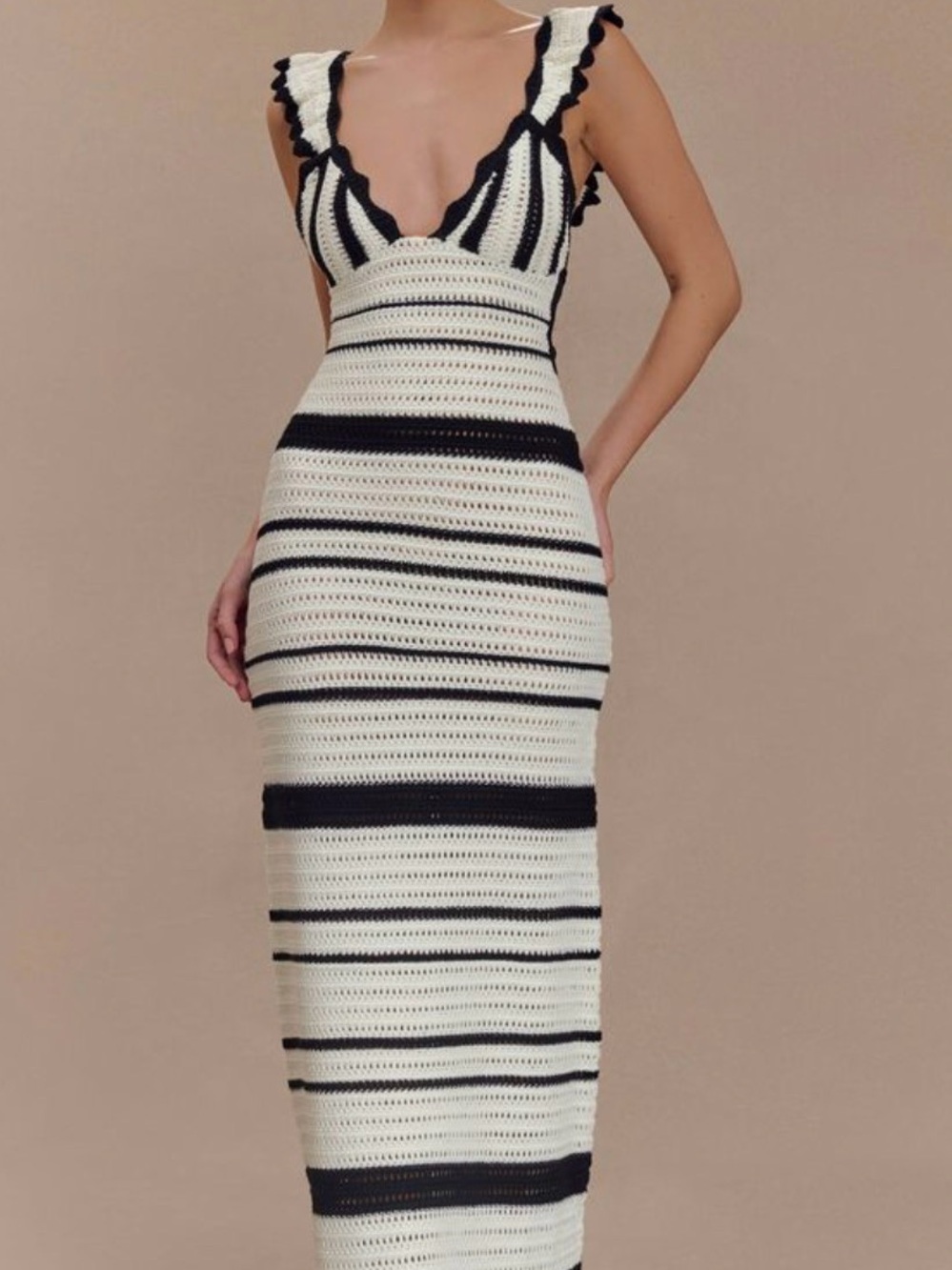 Meshki Cream and Black Striped Crochet Maxi Dress